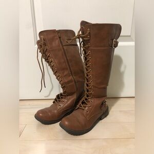Brown Lace-Up Knee-High Boots